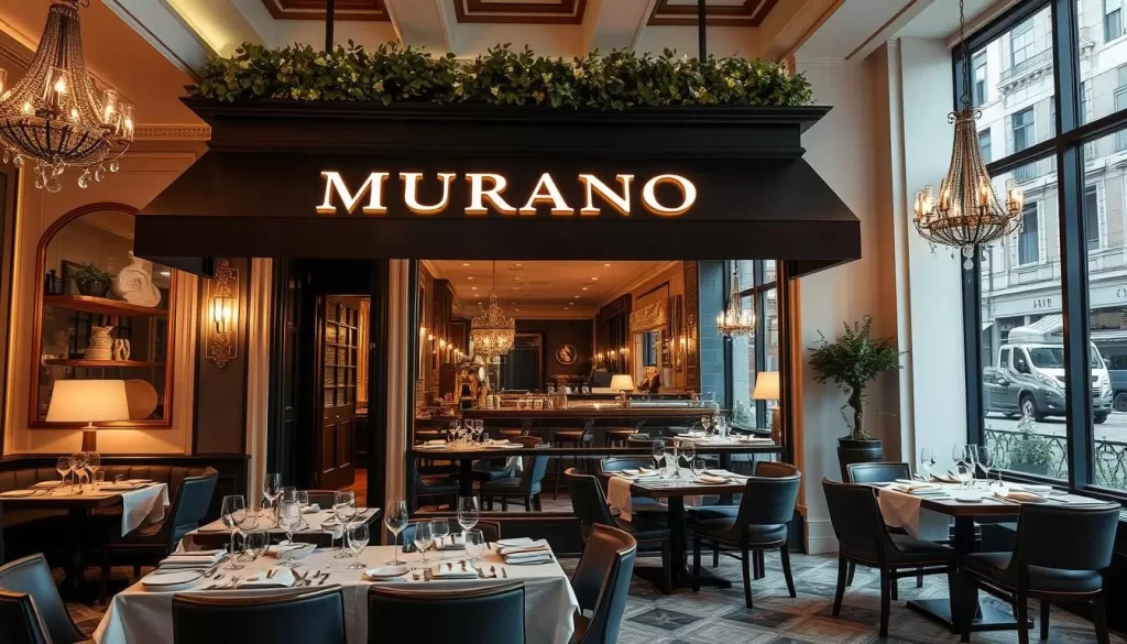 Generate an image of Murano in Mayfair, showcasing its sophisticated ambiance and refined dining area.