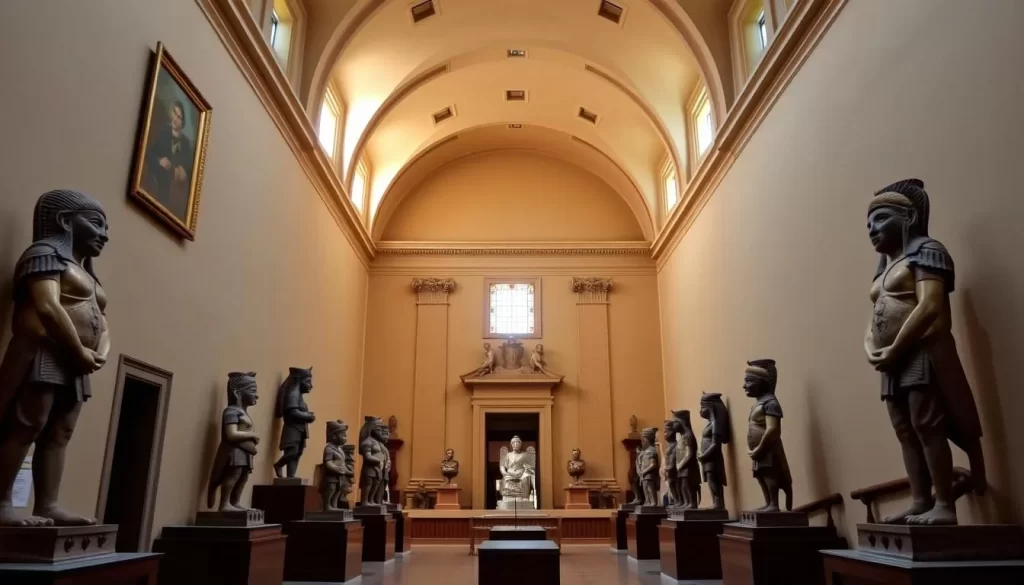 Generate an image of Museo Convento San Francisco's interior with pre-Columbian statues