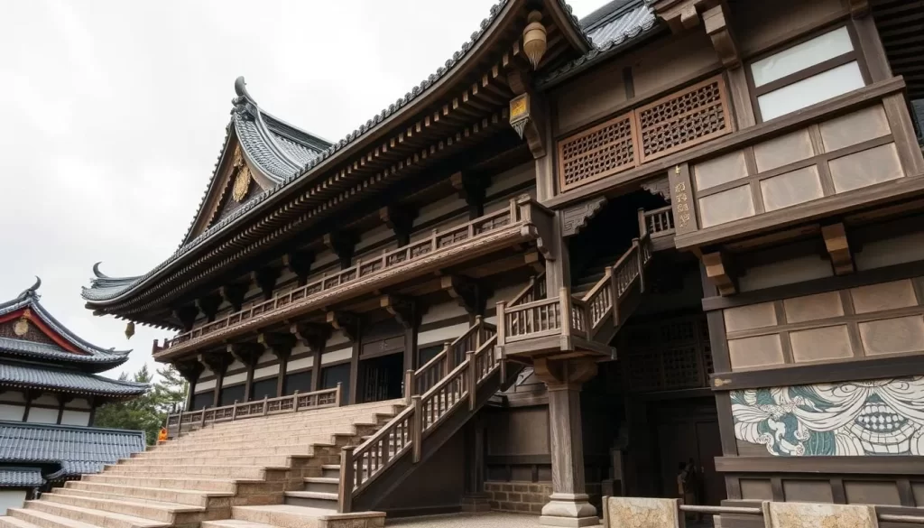 Generate an image of Myoryuji Temple's complex architecture, highlighting its unique defensive features such as hidden staircases and secret rooms.