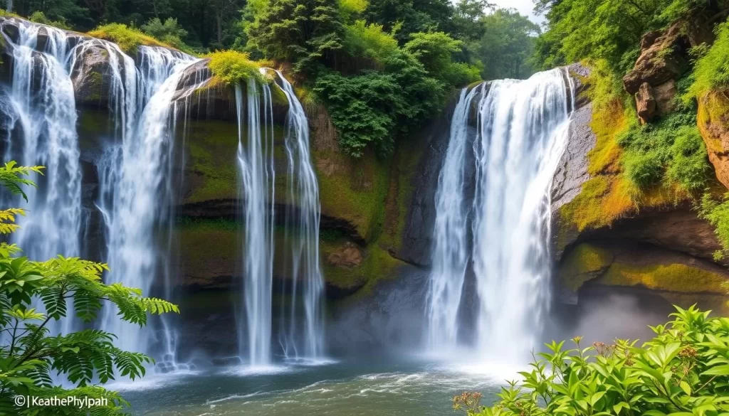Generate an image of Nabegataki Falls with a misty water curtain surrounded by lush greenery.