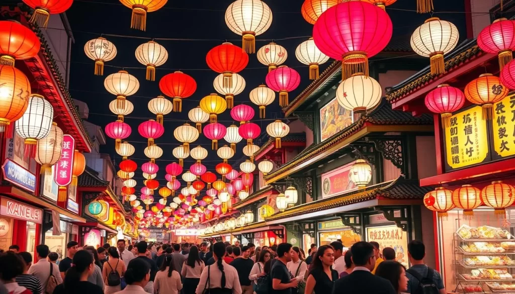 Generate an image of Nagasaki Lantern Festival's main venue in Nagasaki Shinchi Chinatown, filled with colorful Chinese lanterns.