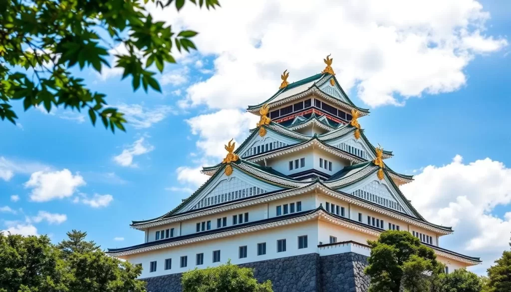 Generate an image of Nagoya Castle with its golden dolphins on the roof
