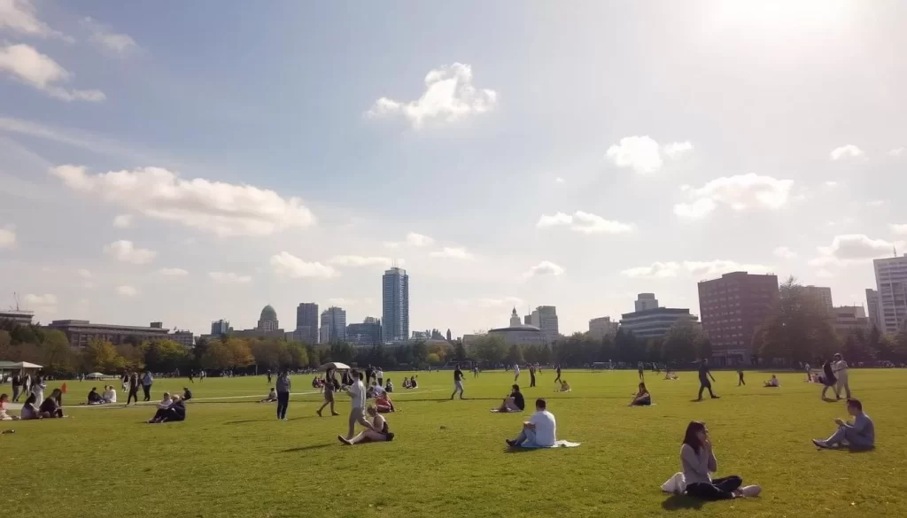Generate an image of Nakano Central Park on a sunny day with people enjoying the scenery.
