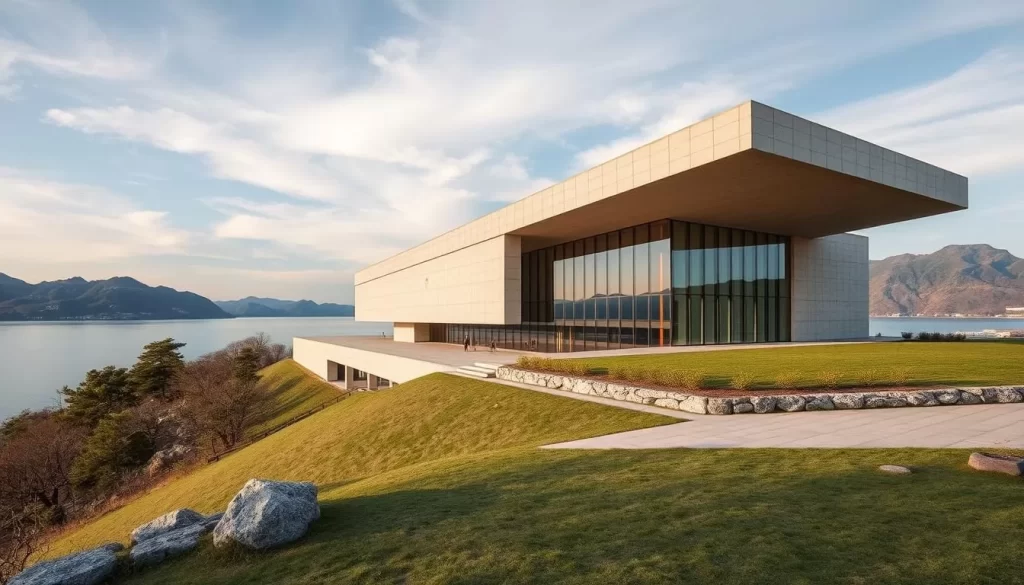 Generate an image of Naoshima Island's Chichu Art Museum surrounded by its serene natural environment.