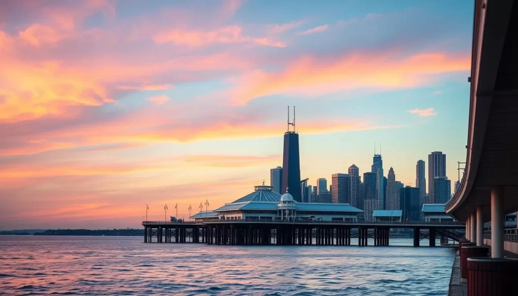 Generate an image of Navy Pier with the Chicago skyline in the background