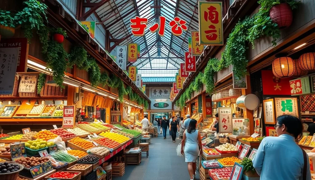 Generate an image of Nishiki Market's vibrant stalls filled with fresh produce and local delicacies.