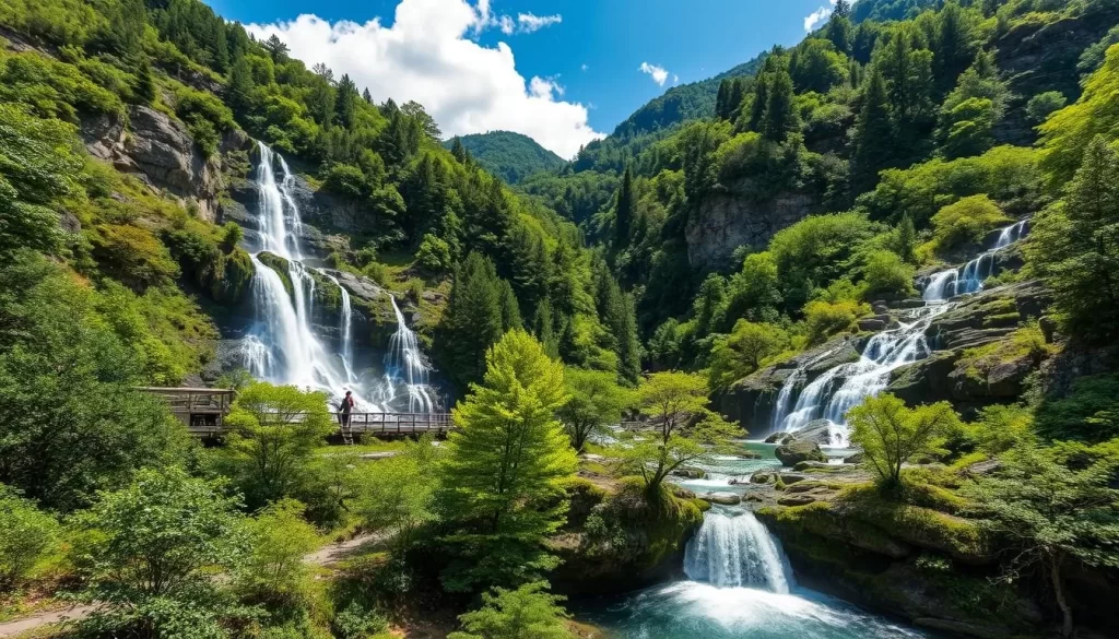 Generate an image of Nishizawa Valley, showcasing its beautiful waterfalls and lush greenery.