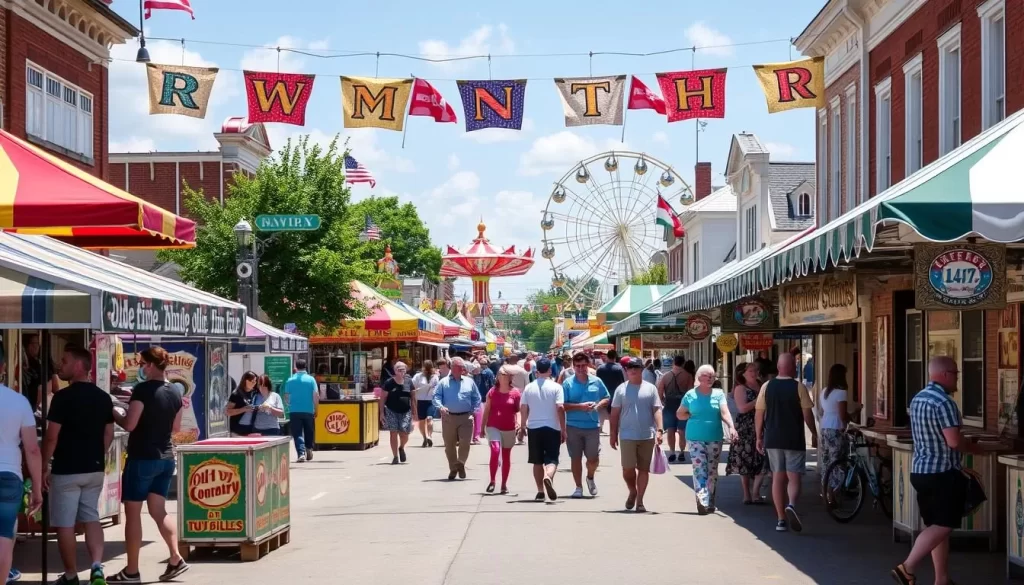 Generate an image of Niverville's Main Street during the Olde Tyme Country Fair, with rides, food stalls, and visitors enjoying the event.