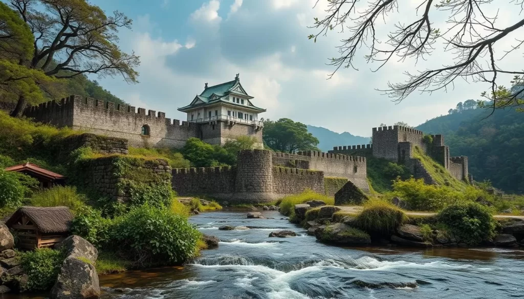 Generate an image of Nobeoka's castle ruins and riverside areas