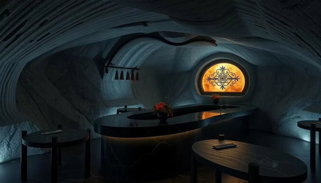 Generate an image of Nōksu's underground dining area with its distinctive black marble counter.