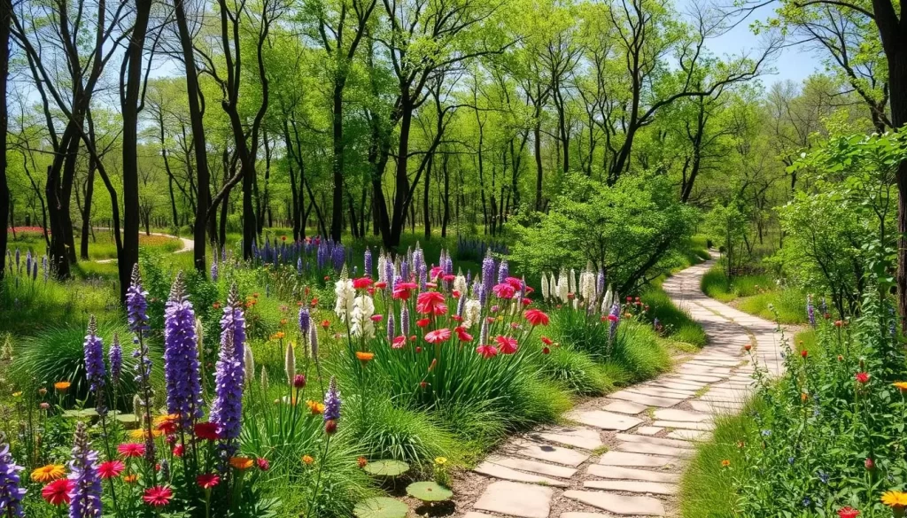 Generate an image of North Park Village Nature Center, featuring trails through woodland, wetland, prairie, and oak savanna.