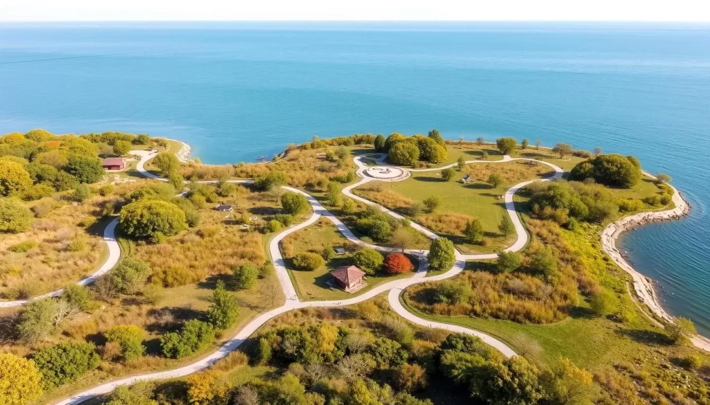 Generate an image of Northerly Island Park, a 119-acre peninsula in Lake Michigan with a nature preserve and walking trails.