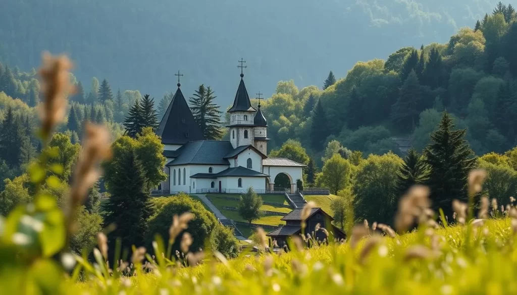 Generate an image of Novo Hopovo Monastery surrounded by lush greenery and a peaceful atmosphere.
