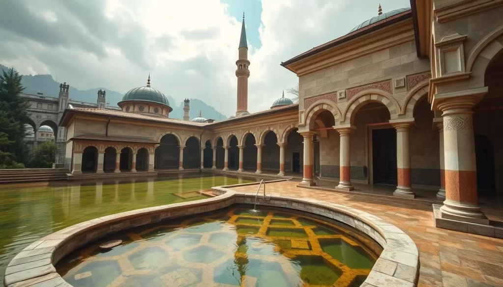 Generate an image of Novopazarska Banja's thermal springs and Ottoman-era architecture.