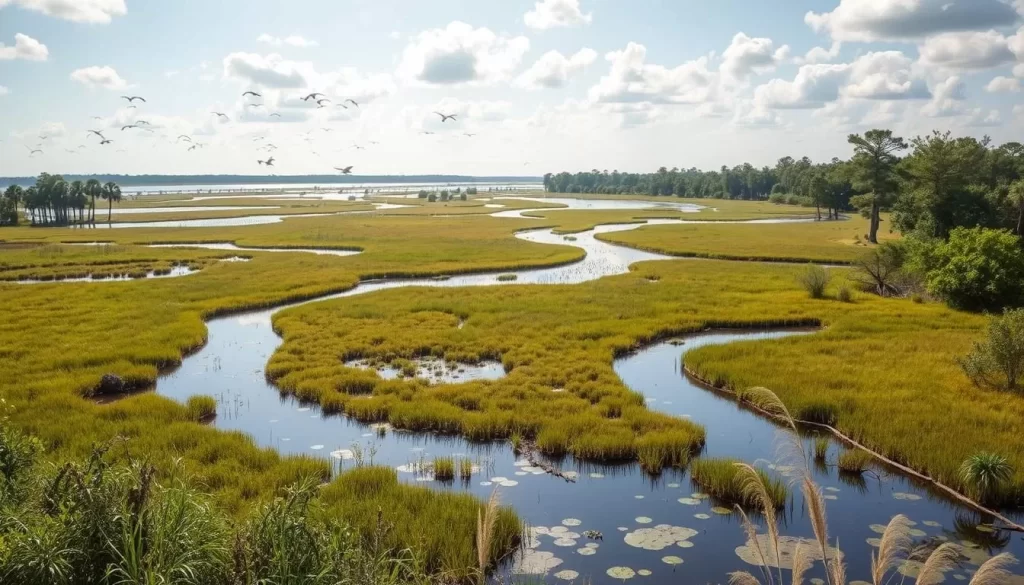 Generate an image of Oak Hammock Marsh, a vast wetland area with diverse wildlife and trails.