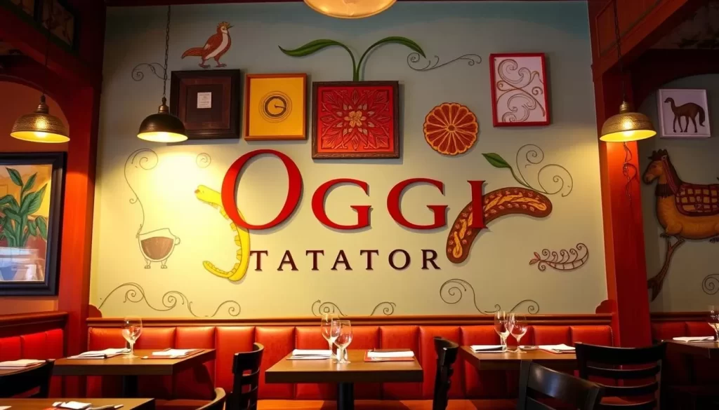 Generate an image of Oggi Trattoria, showcasing its colorful wall art and inviting atmosphere, capturing the essence of a family-friendly Italian trattoria.