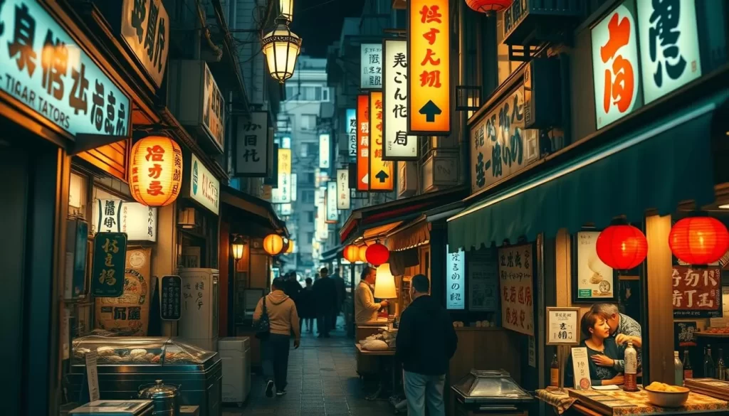 Generate an image of Oimachi Yokocho, a narrow alleyway filled with traditional izakaya and food stalls, evoking a nostalgic atmosphere.