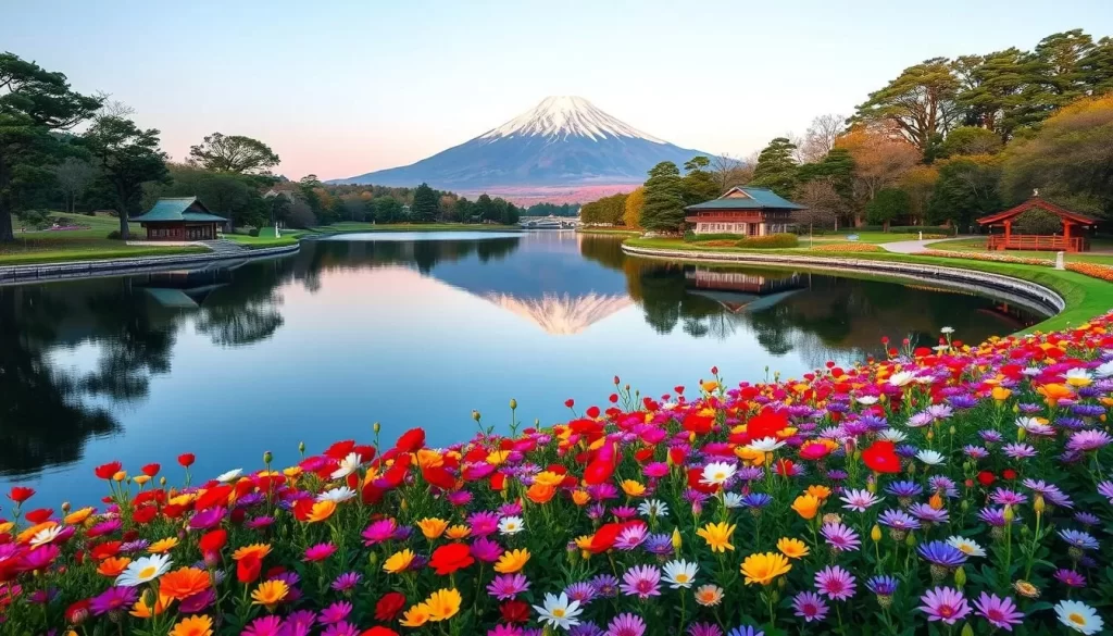 Generate an image of Oishi Park with Mount Fuji reflected in Lake Kawaguchi, surrounded by flower fields.