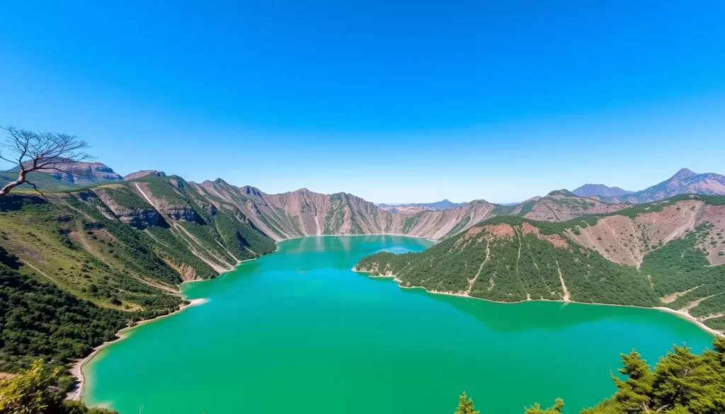 Generate an image of Okama Crater Lake with its striking emerald-green waters.