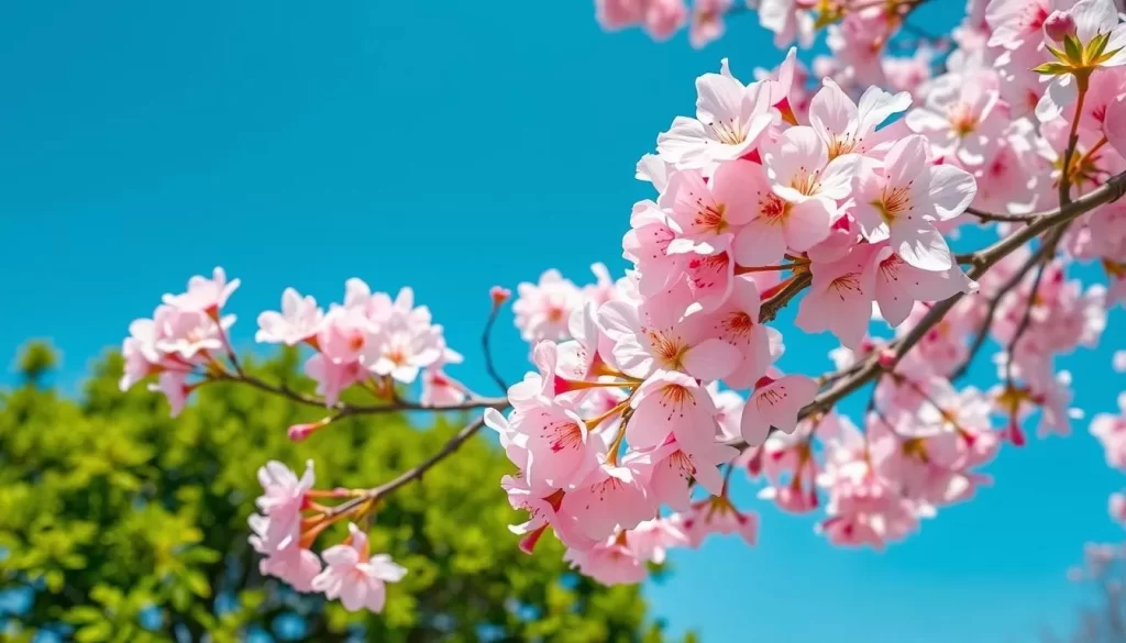 Generate an image of Okayama's cherry blossoms in full bloom