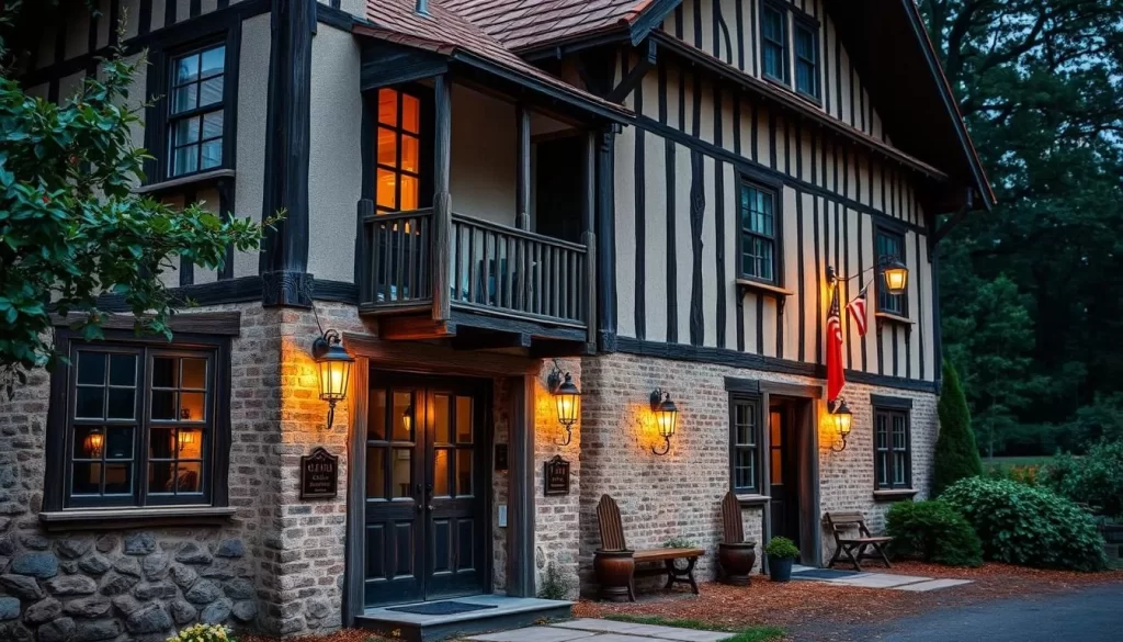 Generate an image of Old Place's exterior, highlighting its rustic, historic charm