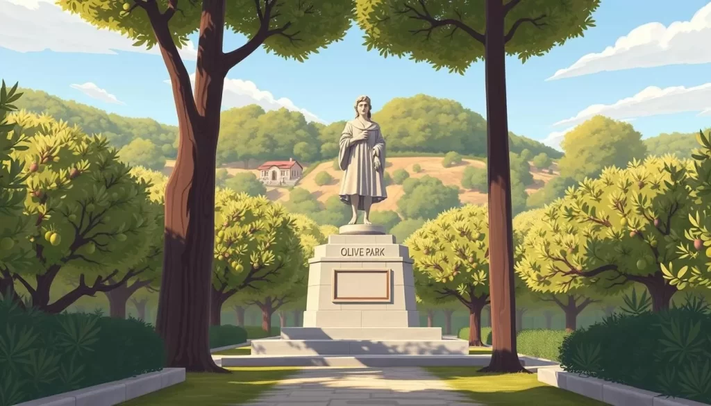 Generate an image of Olive Park with a backdrop of olive groves and a statue or monument related to "Kiki's Delivery Service"