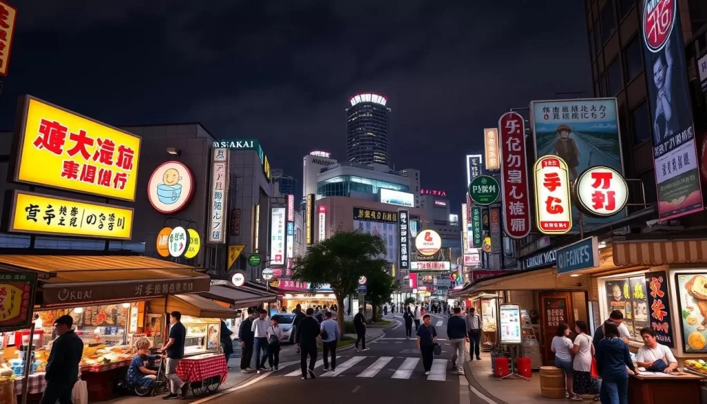 Generate an image of Osaka's cityscape at night with a focus on its vibrant food culture.