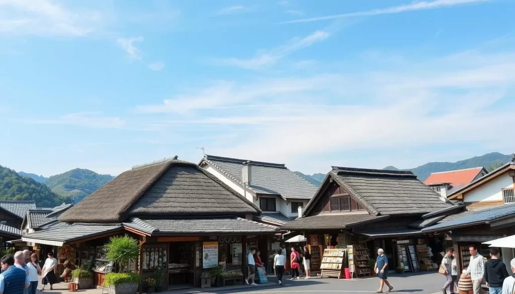 Generate an image of Ouchi-juku historic village main street lined with traditional shops and people browsing local crafts.