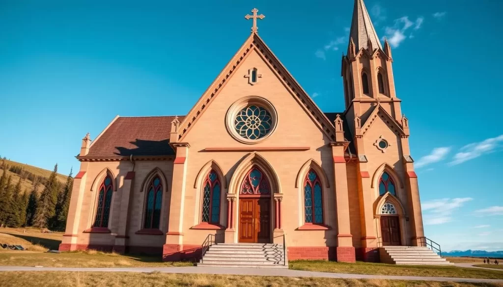 Generate an image of Our Lady of Good Hope Church, a 19th-century Gothic Revival-style church in Fort Good Hope, Northwest Territories.