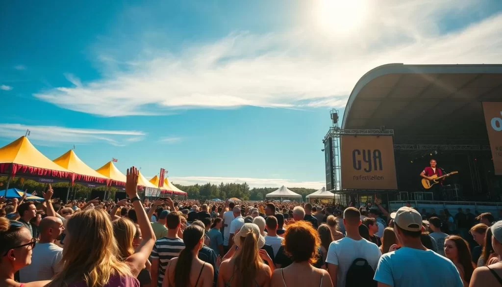 Generate an image of Øyafestivalen's outdoor stage with a crowd of people enjoying live music