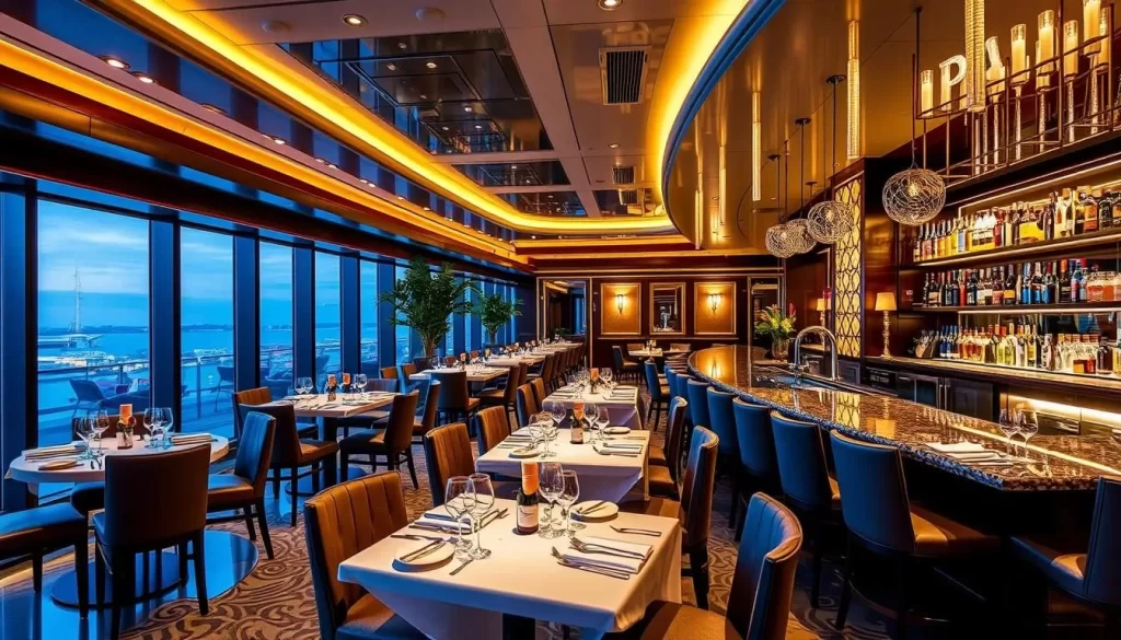 Generate an image of PLANTA Queen's stylish dining area with a stunning bar.