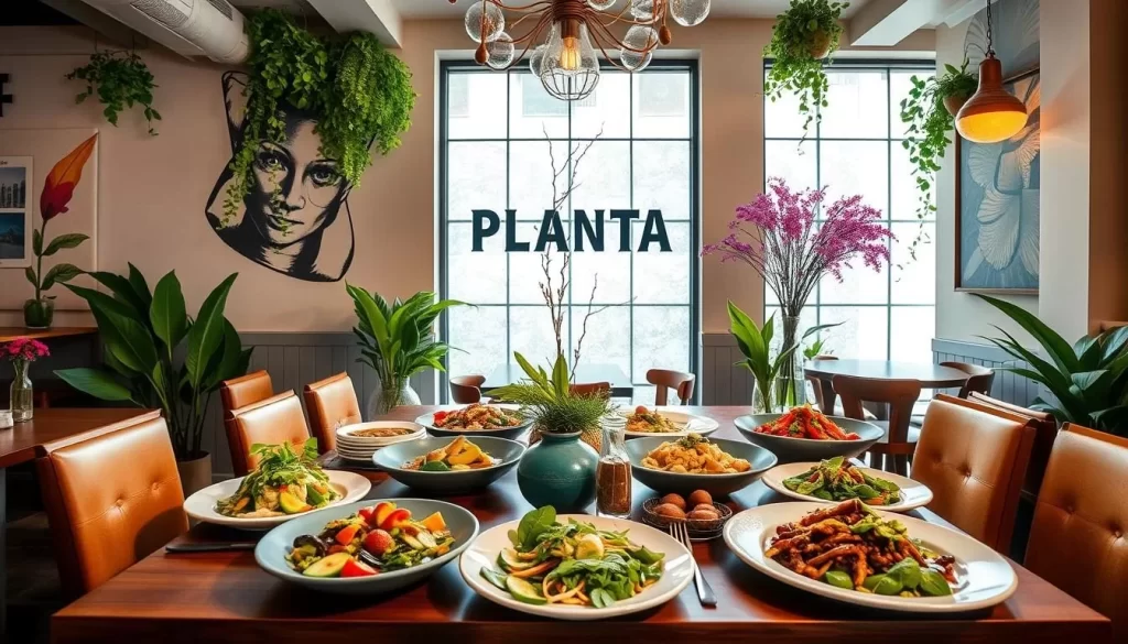 Generate an image of PLANTA's vibrant and aesthetically pleasing dining area with a beautiful arrangement of vegan dishes on the table.