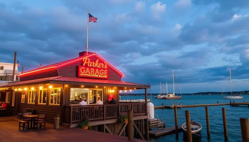 Generate an image of Parker's Garage & Oyster Saloon with a waterfront view.