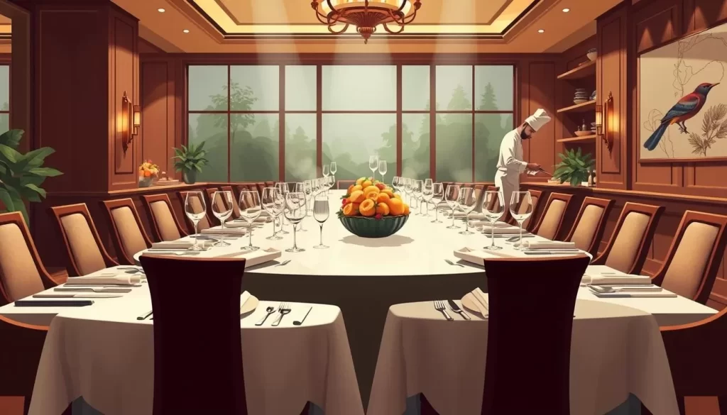 Generate an image of Pasjoli's elegant dining room with a beautifully set table and a chef preparing a dish in the background.