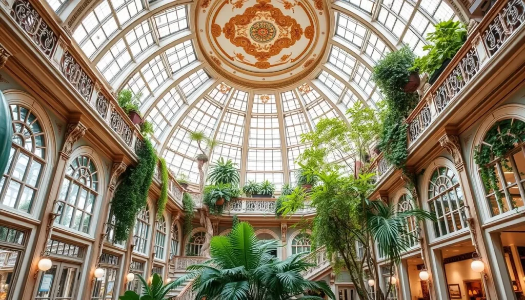 Generate an image of Pasteur's interior, featuring its beautiful decor and lush greenery.