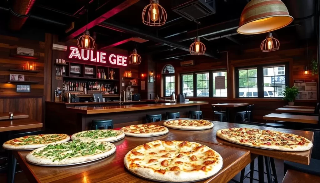 Generate an image of Paulie Gee's Greenpoint location, showcasing its rustic, wood-dominated atmosphere and creative pizzas.