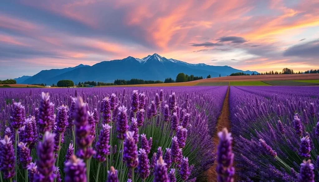 Generate an image of Pelindaba Lavender Farm on San Juan Island with blooming lavender fields and a dramatic mountain backdrop.