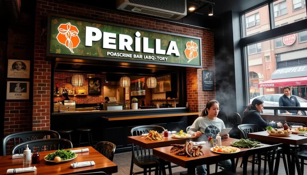 Generate an image of Perilla Korean BBQ in Chicago, featuring its vibrant atmosphere and diverse menu offerings, including Korean BBQ and other Korean classics.