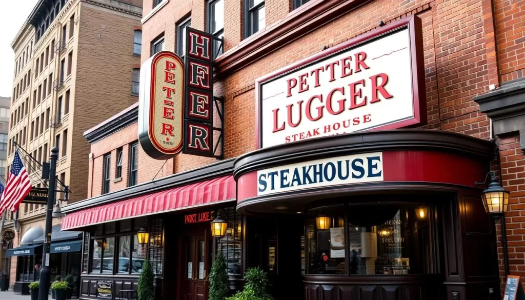Generate an image of Peter Luger Steakhouse's exterior in Brooklyn.