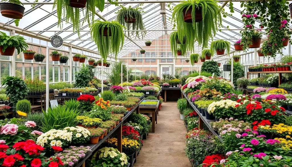 Generate an image of Petersham Nurseries' greenhouse with tables set among lush plants and flowers.