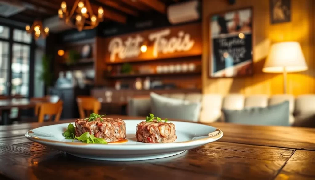 Generate an image of Petit Trois' cozy interior with a plate of steak tartare.