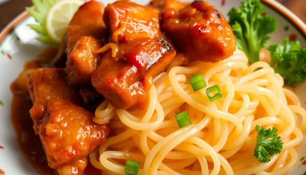 Generate an image of Phoenix Palace's signature dish, showcasing the fusion of Chinese and American flavors.