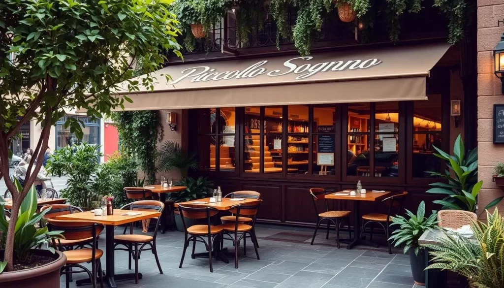 Generate an image of Piccolo Sogno's charming outdoor seating area.