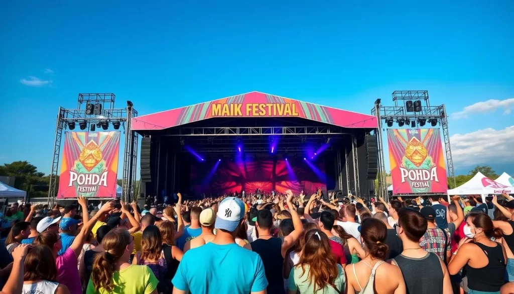 Generate an image of Pohoda Festival's main stage with a crowd of happy festival-goers.
