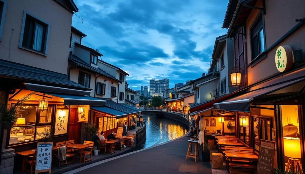 Generate an image of Pontocho Alley's restaurants with outdoor seating overlooking the Kamogawa River.