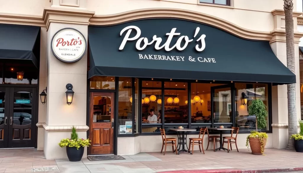 Generate an image of Porto's Bakery & Cafe's exterior in Glendale, showcasing its inviting atmosphere.