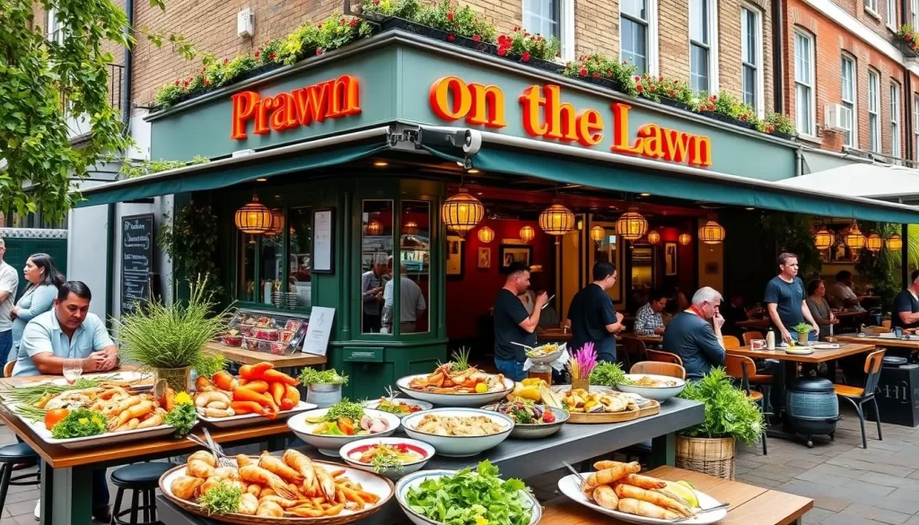 Generate an image of Prawn on the Lawn seafood bar in London