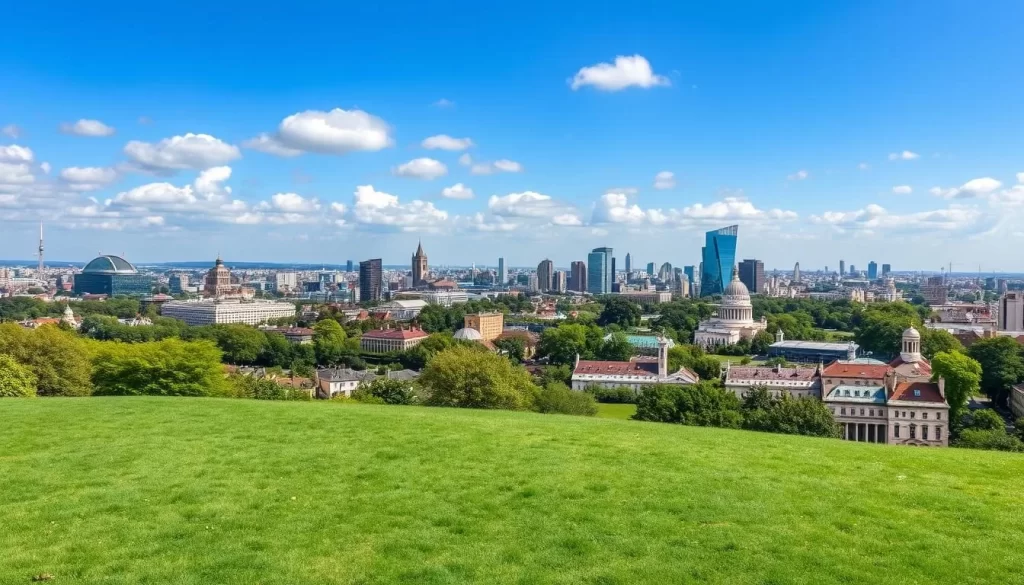 Generate an image of Primrose Hill with a clear view of London's landmarks.