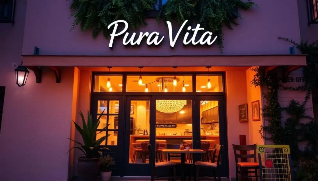 Generate an image of Pura Vita's exterior or interior, showcasing its inviting ambiance.