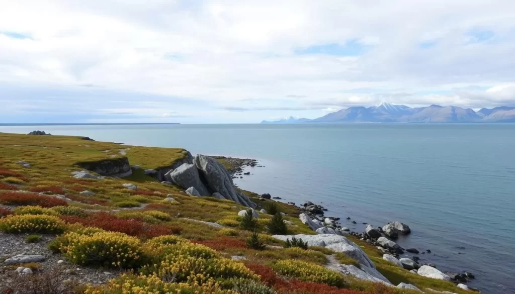 Generate an image of Qaummaariit Territorial Park's shoreline with Frobisher Bay in the background.